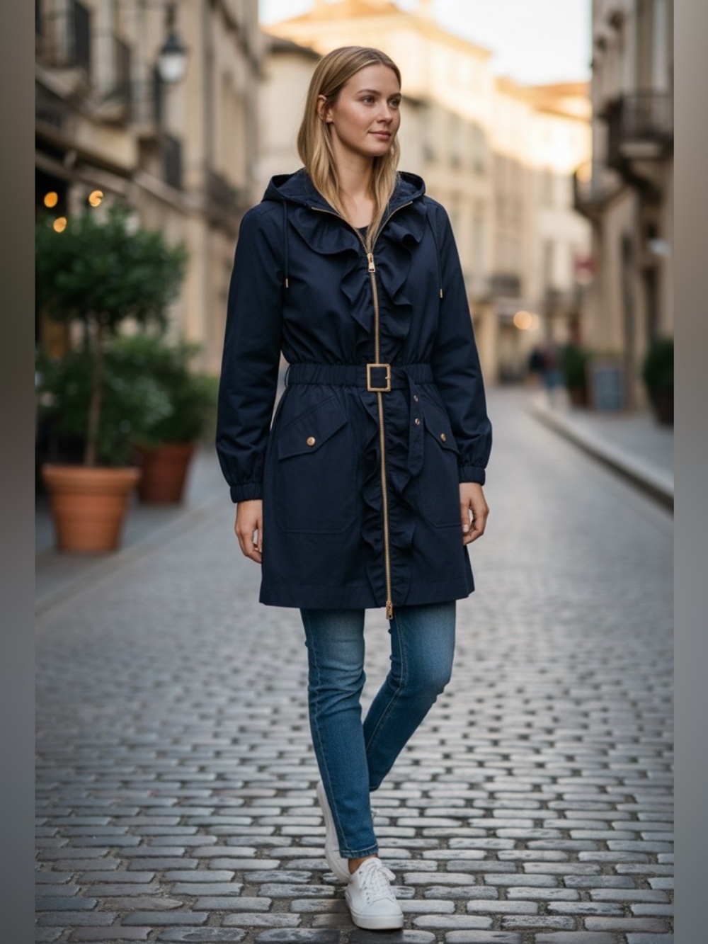 Tory Burch Ruffle Front Trench Coat Navy Size 2